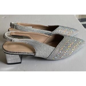 Slingback Pointed Toe Pump Sz 40 9.5 Block Heel Silver Glitter